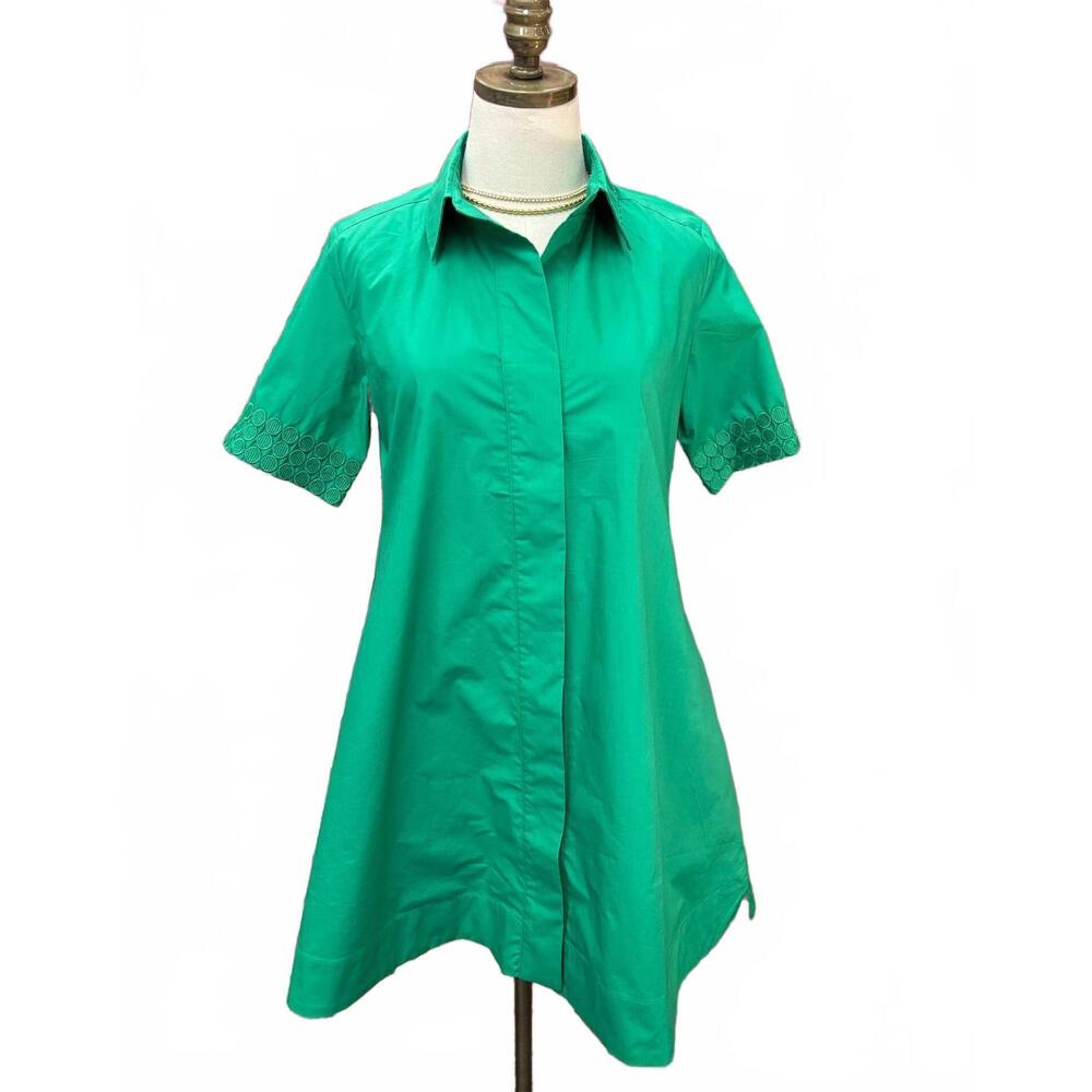 NEW CARYN LAWN women's embroidered sleeve shirt dress in emerald green